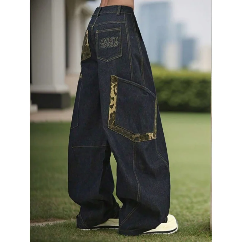 

Мужские джинсы в стиле ретро с леопардовым принтом в стиле пэчворк — винтажные черные широкие прямые брюки с манжетами по подолу, свободный крой, повседневная уличная одежда