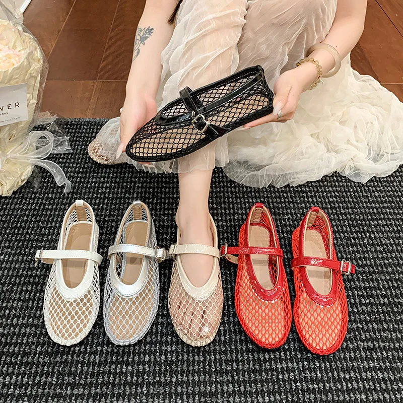 Fishnet Ballet Flats Woman Chic Brand Design Hollow Out Lace Mary Jane Shoes Ladies Summer Sandals Breathable Mesh Zapatos - Image 3