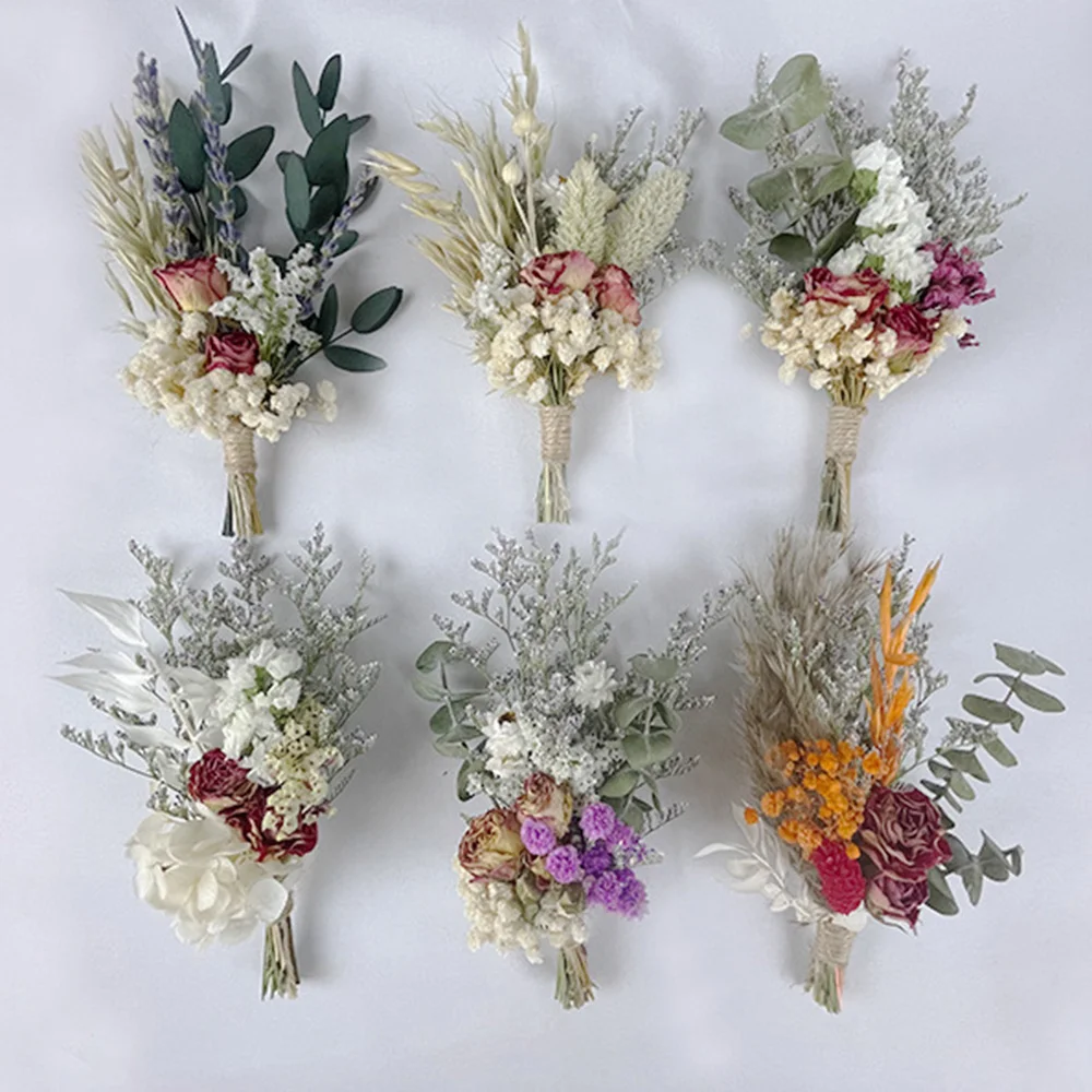 Fashion Corsage Brooch Dried Flowers Artificial Rose Flower Wedding Groomsmen Buttonholes Bridesmaid Flower Party Table Decor