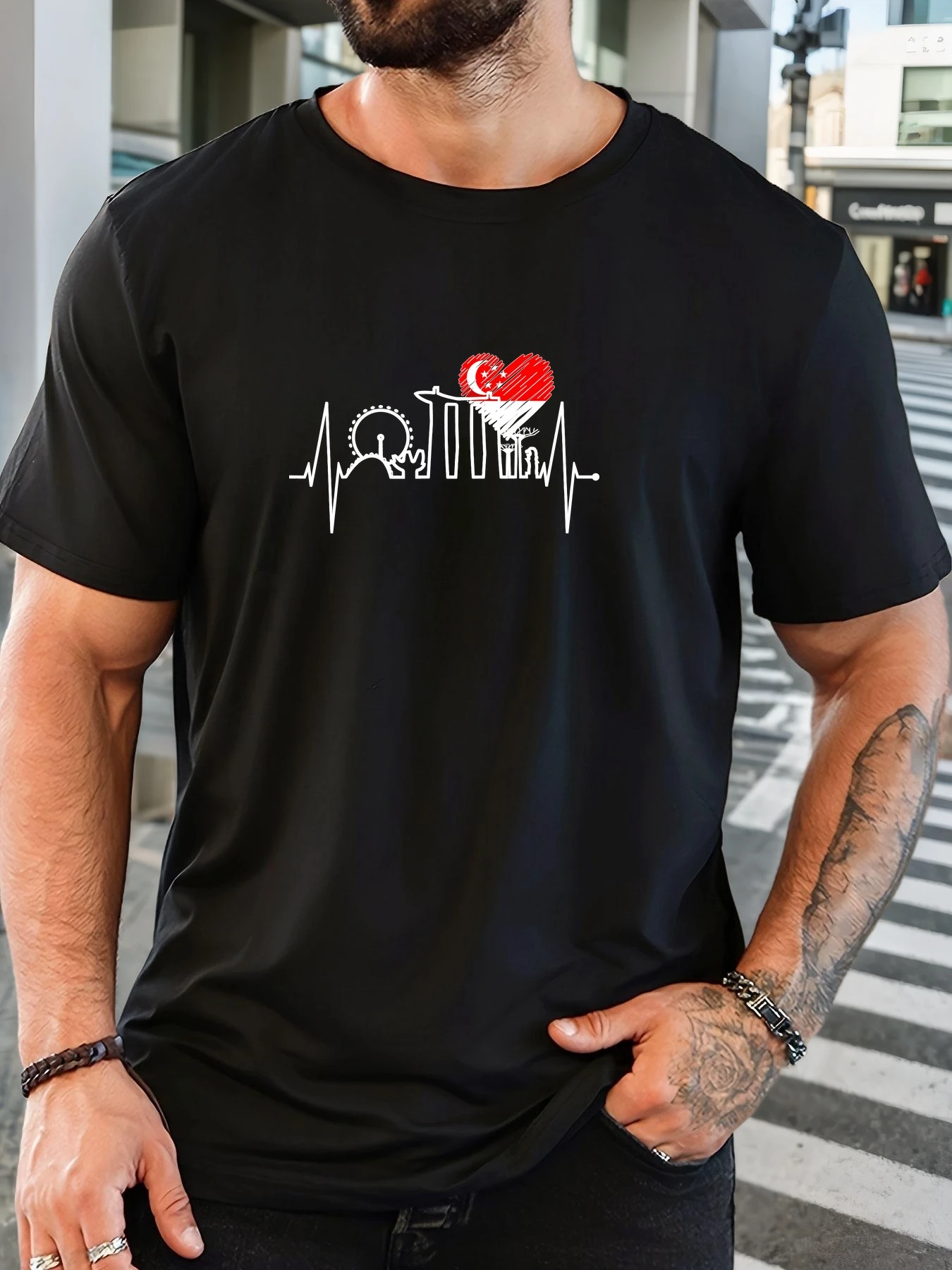 Fashion Street Singapore - เสื้อยืดคอกลมแขนสั้นพิมพ์ลายธงชาติสิงคโปร์ Heartbeat Skyline สำหรับผู้ชาย สวมใส่สบายๆ ในฤดูร้อน
