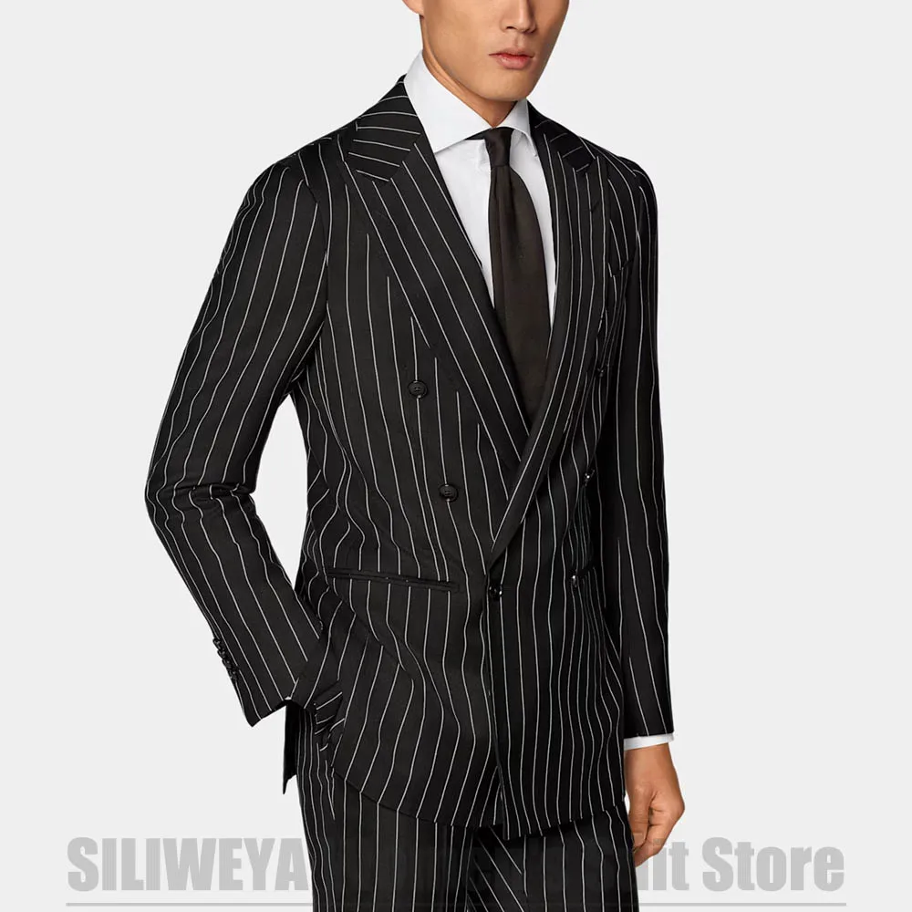 Men Black Pinstripe Double Breasted Two Piece Suit Slim Blazer Straight Pants Retro Formal Wedding Groom Business Party Wear