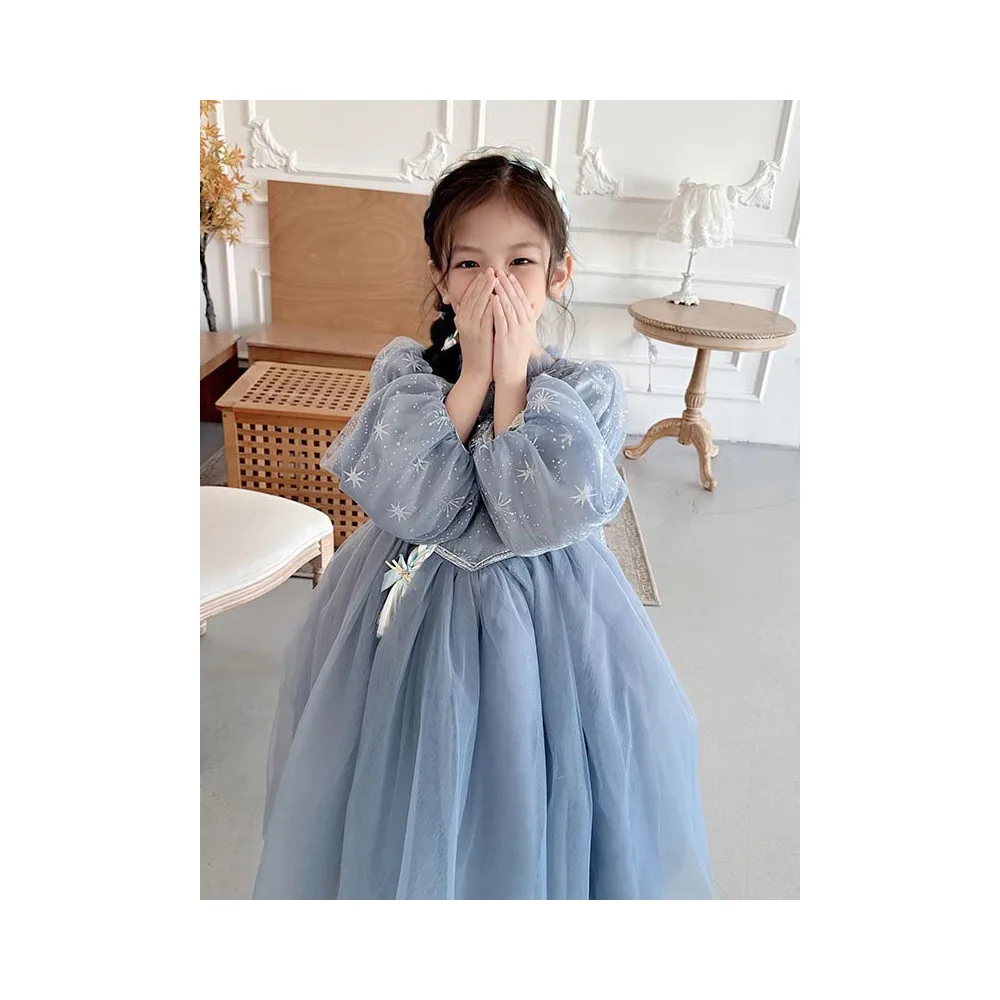 Girl's Blue Winter Theme Party Dress Warm Long Puff Sleeve Starry Sky Print Thickened Plush Liner Tulle Birthday Party Dress