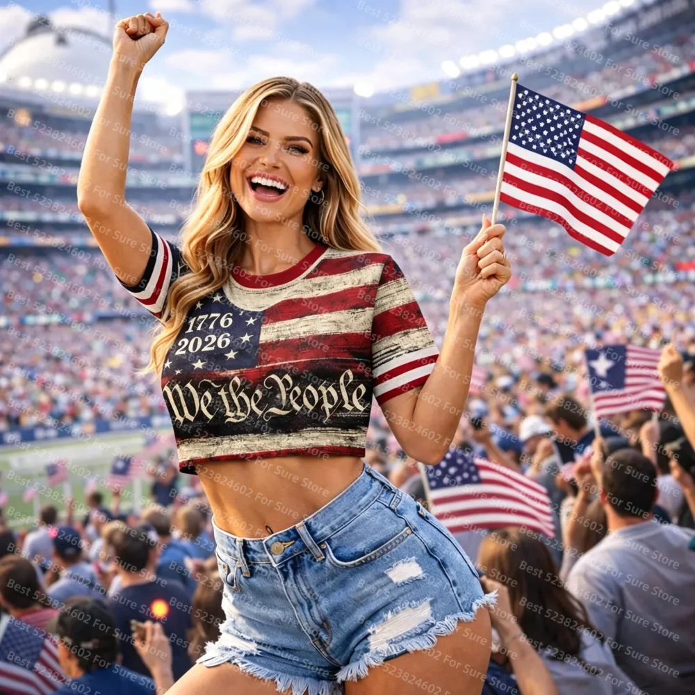 Women Vintage Flag Crop Tops 1776-2026 Print Short Sleeve T Shirt 4th Of July Patriotic Ringer Cropped Tee Casual Summer Tops