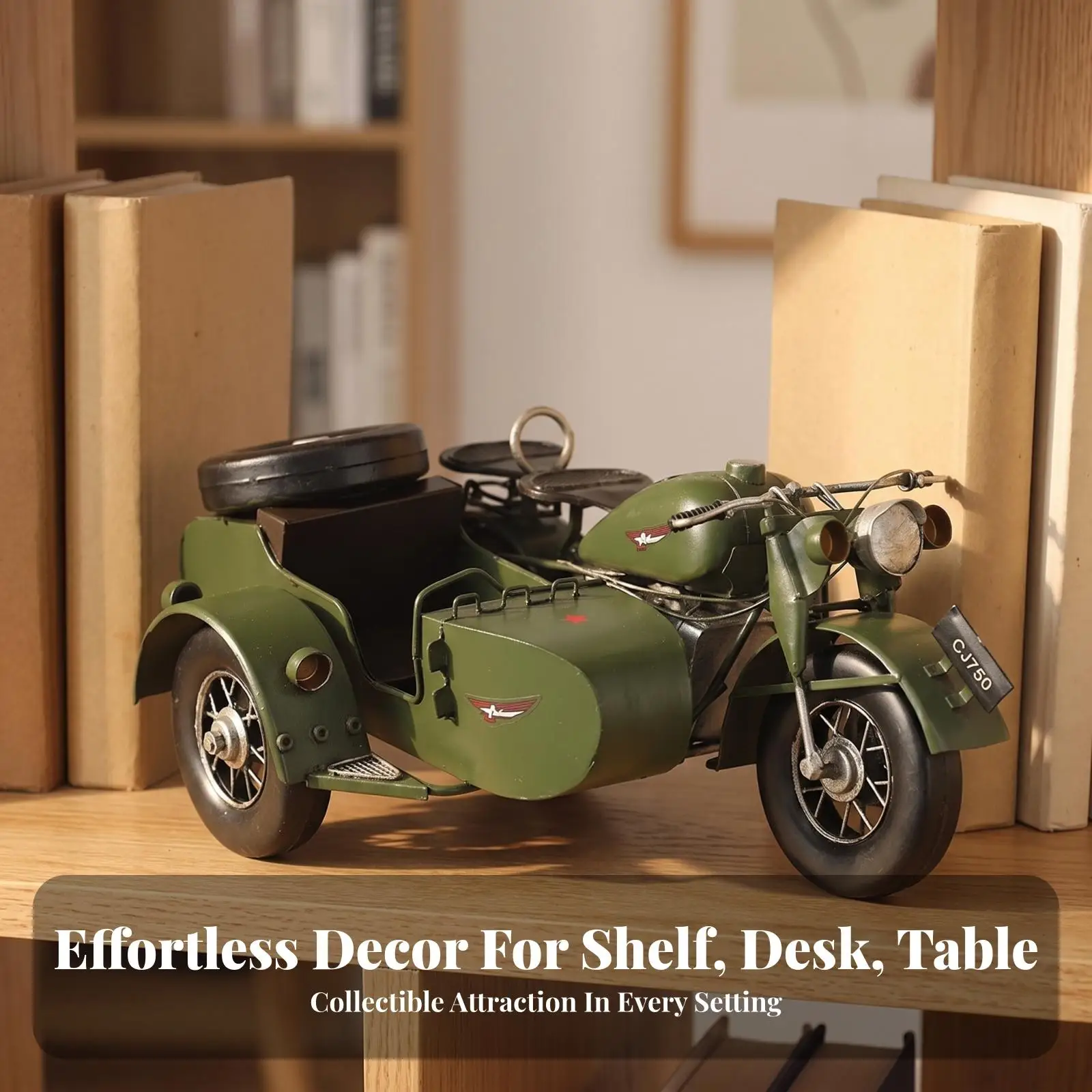 Vintage Iron Motorcycle Model with Sidecar Army Green Retro Decor for Shelf Desk Display
