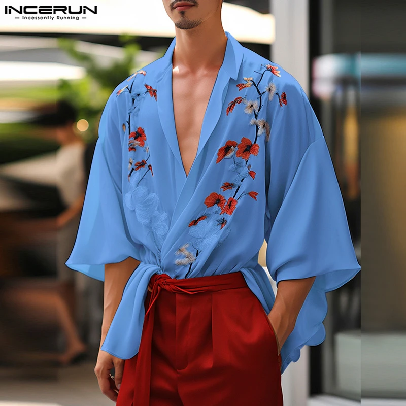 Summer INCERUN 2024 Tops Men Shirts Lapel Collar V Neck Button Down Cardigans Floral Print Kimono Streetwear Tee Men Clothing