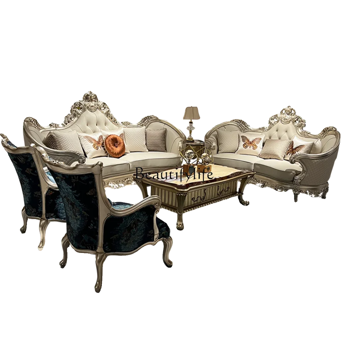 

FGFrench кожаный диван из цельного дерева, европейская большая квартира, высококачественный процесс суда с золотой фольгой