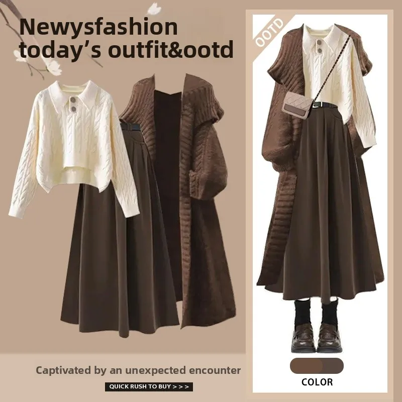 

Warmth Tee-Piece Set Women's Gentle Sle Knitted Sweater Coat And Slimming Skirt Autumn Winter Spring Casual Faion