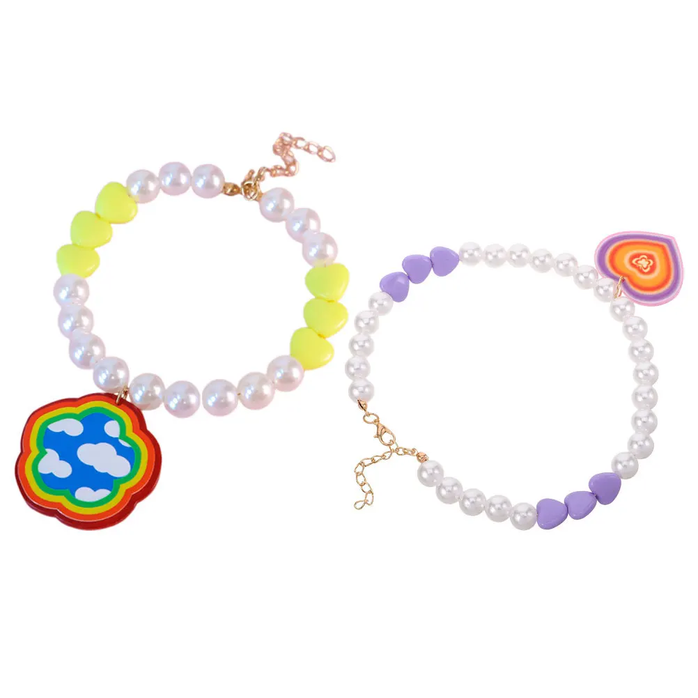 

2Pcs Adjustable Pet Necklace Collar Heart Beaded Colorful Flower Dog Cat Jewelry for Parties Daily Wear Choker Collar for Dogs