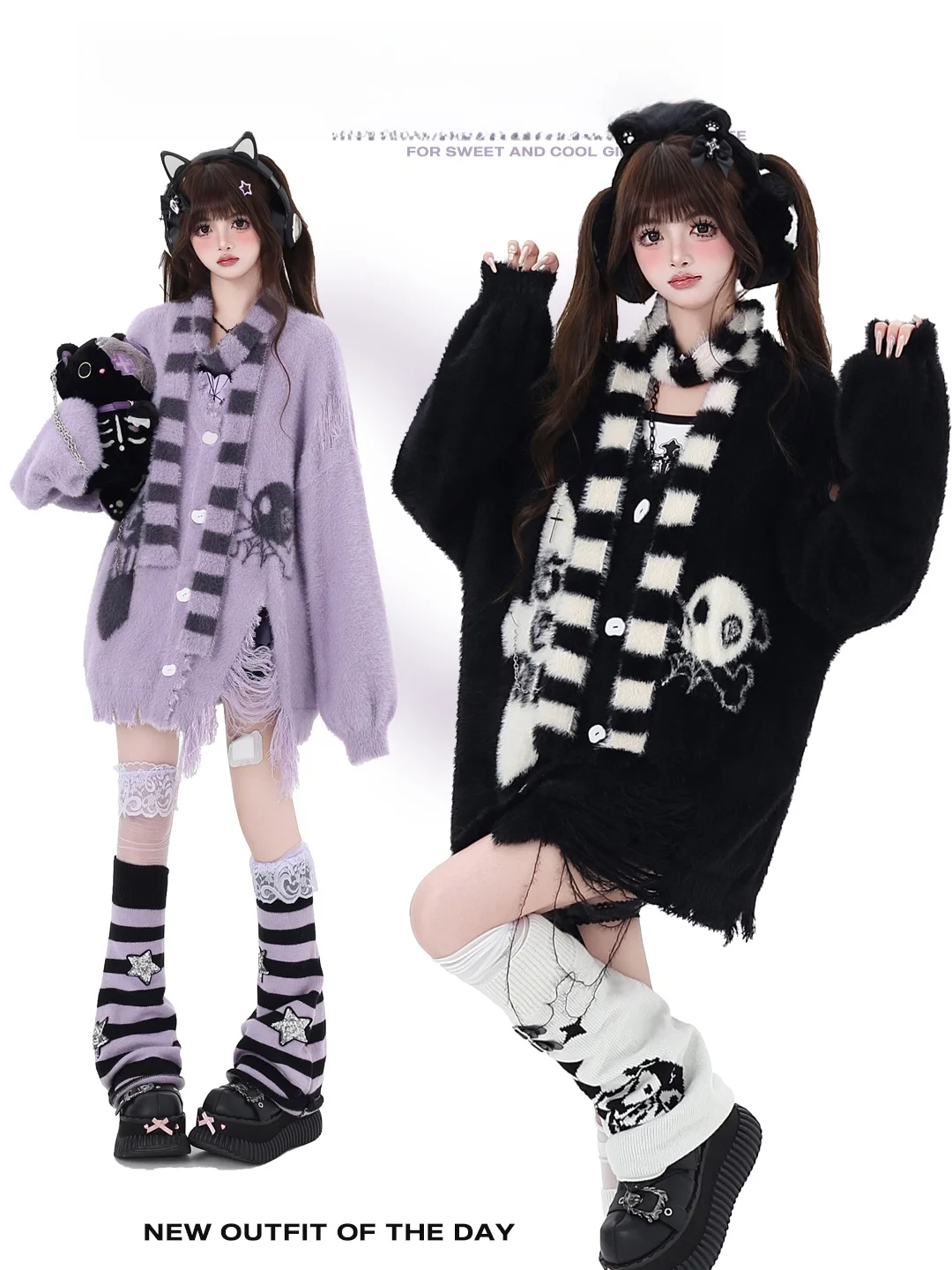 

Crazygirl Original Design Subculture Fake Fur Sweater Carcass V-ne Thi Winter Women's Sweet Sle Loose Fit Knitwear