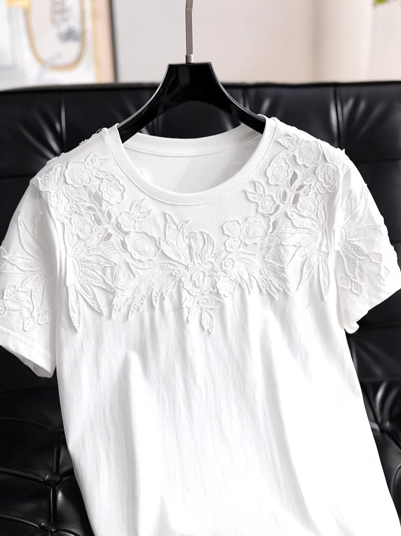 

Lace Series Short Sleeve T-Shirt Women's Summer Top Embroidered Water Soluble Lace Trim round Neck Korean Style Cotton Blend
