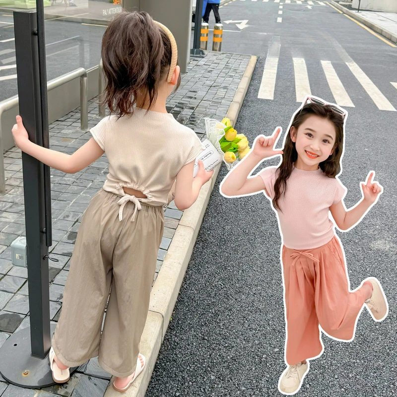 Girls' Short Sleeved Suit Summer Girls' Short Sleeved Top + Lace-up Wide-leg Pants Two-piece Set  Girl Clothes