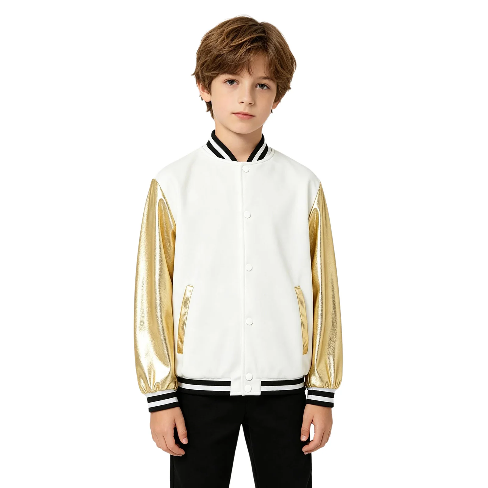 Bomber Jacket for Boys Girls Sports Coats Kids Baseball Jackets Metallic Shiny Eagle Printed Outerwear for Varsity Students
