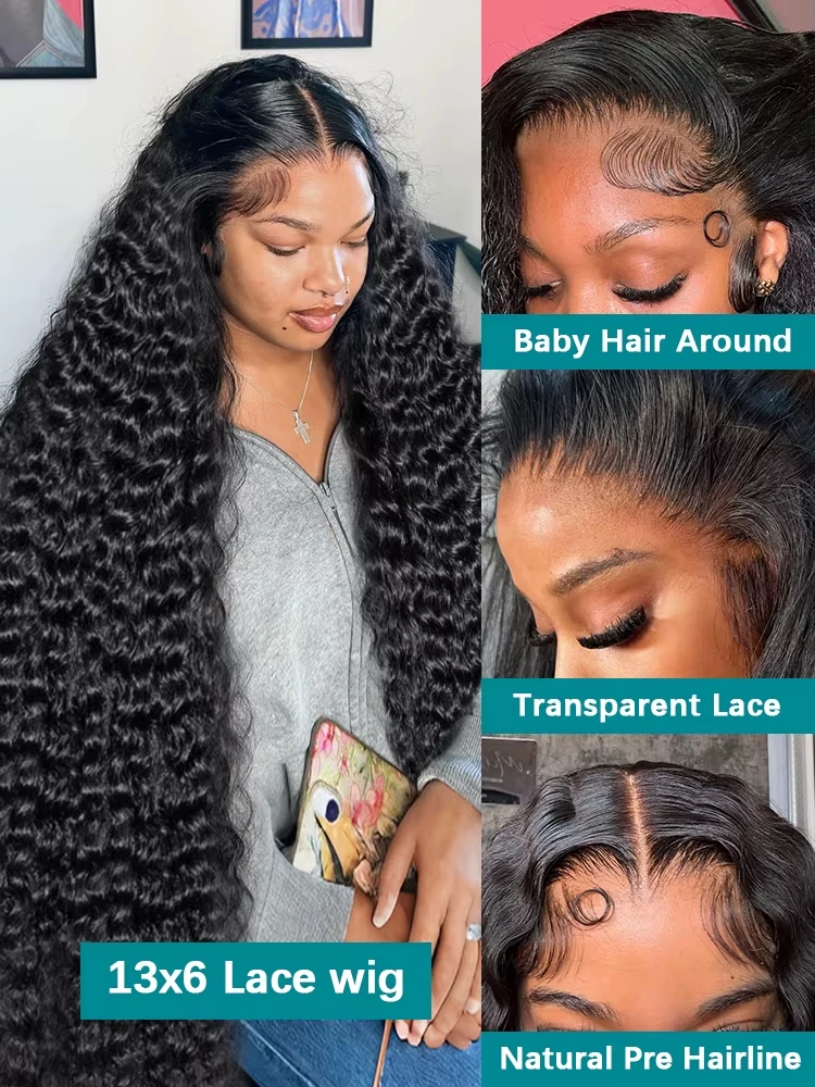 13x6 HD Lace Frontal Wigs 100 Wear and Go Human Hair 30 40 Inch High Density Deep Water Wave Kinky Curly Natural Black for Women