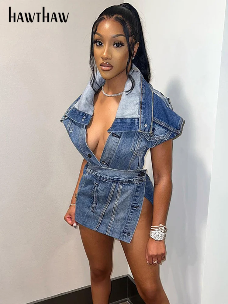 Hawthaw Women Denim V Neck Tops Mini Skirts Two Piece Matching Sets Outfits 2023 Summer Clothes Wholesale Items For Business