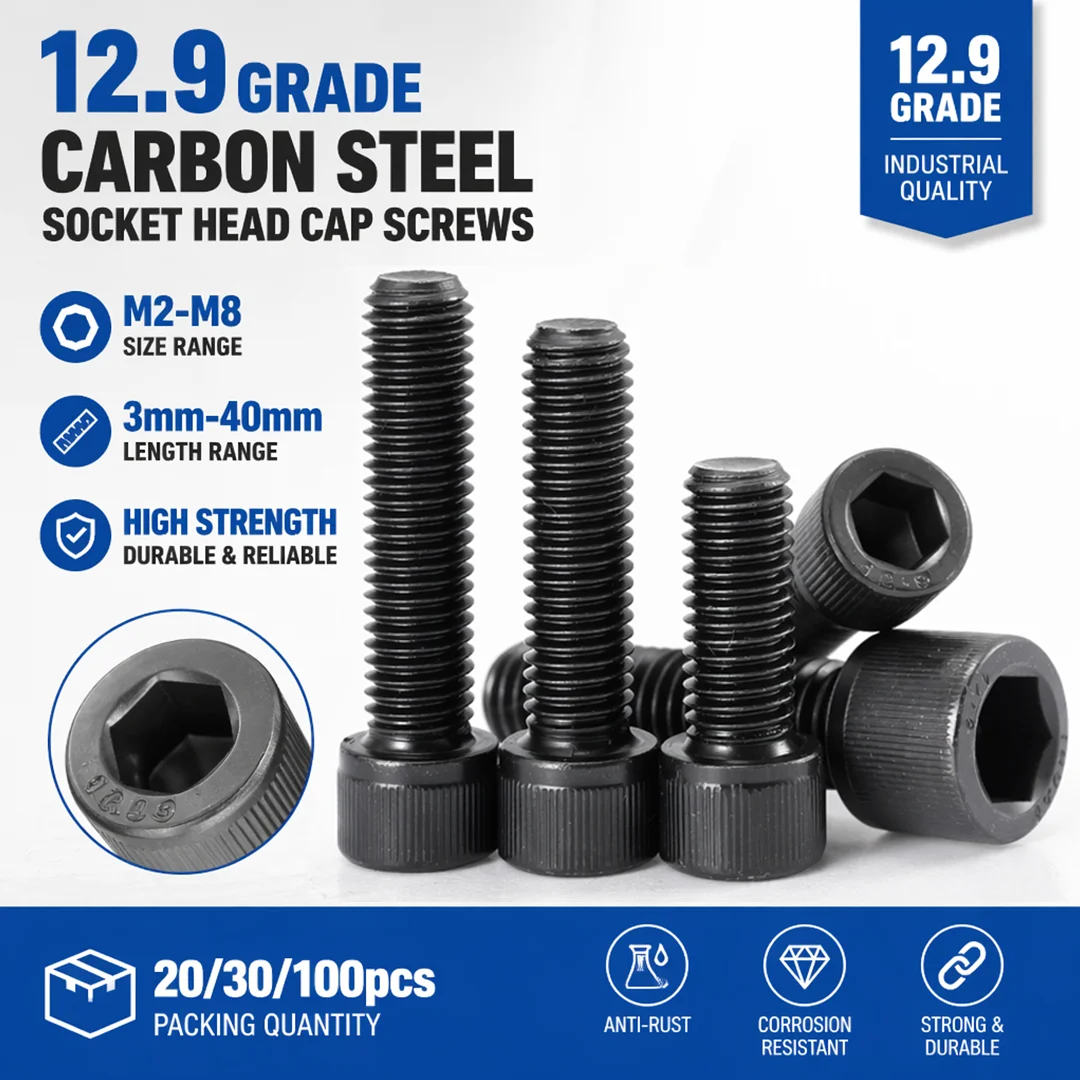 20-100pcs M2 M2.5 M3 M4 M5 M6 M8 Grade 12.9 Black Hexagon A2 Screw Hex Socket Cap Head Allen Bolt DIN912