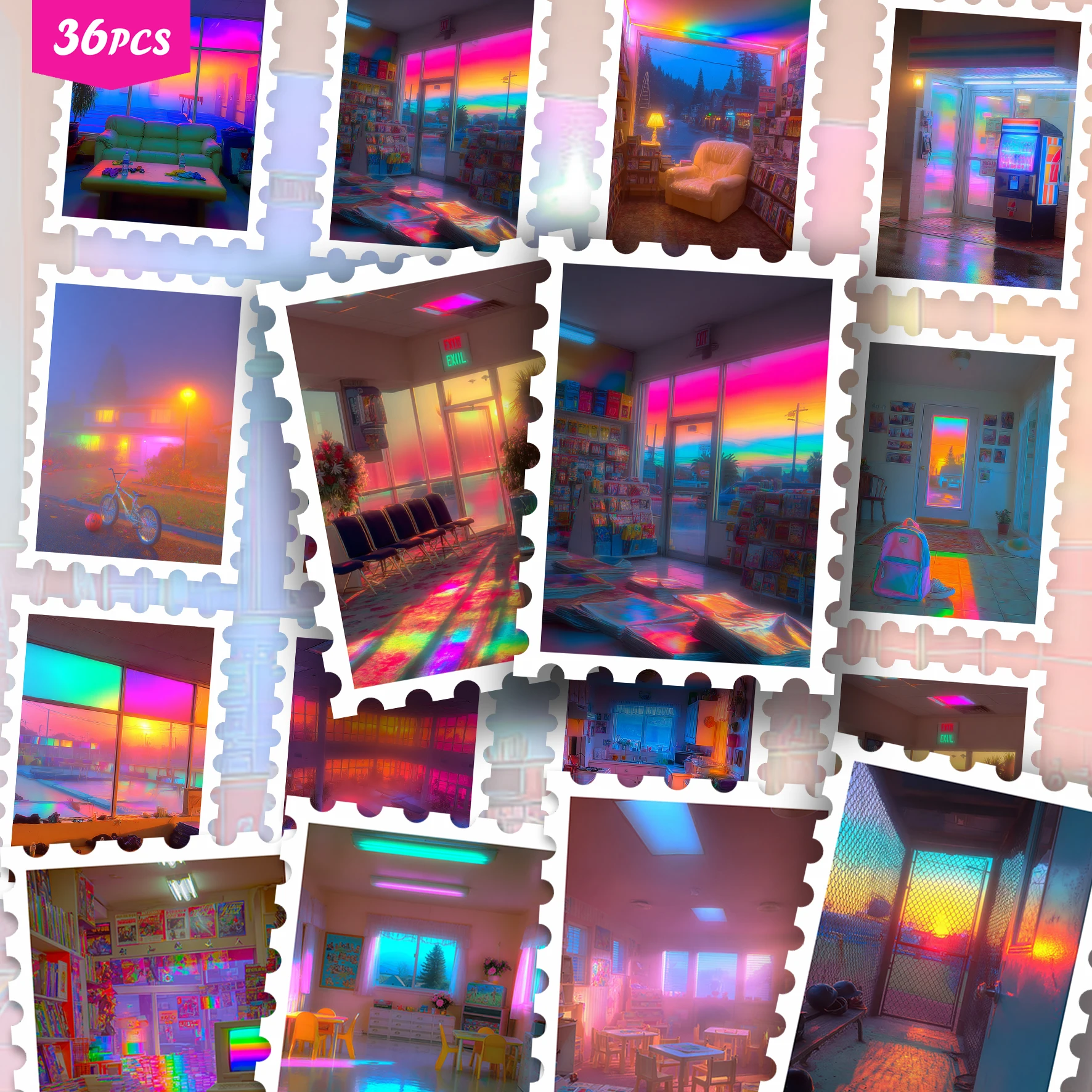 36PCS Y2K Aesthetic Neon Room Stickers, Retro Rainbow Light & Psychedelic Interior Design Cutout Sticker Set for Journals, Plann