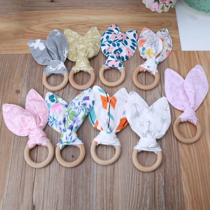 Wooden Baby Cartoon Bunny Ears Scuff Baby Teething for Visual Sensory Stimulation Ring Boho 0-12 Month