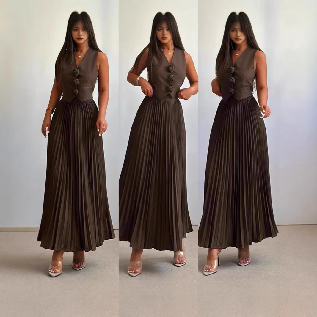 Set di vestiti casual da ufficio da donna 2 pezzi, canottiera senza maniche con bottoni, tinta unita e gonna lunga a pieghe