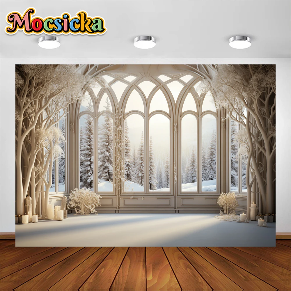 Winter Christmas Photography Background Window Forest Snow Xmas Kids Family Party Portrait Decor Backdrop Photo Studio Props