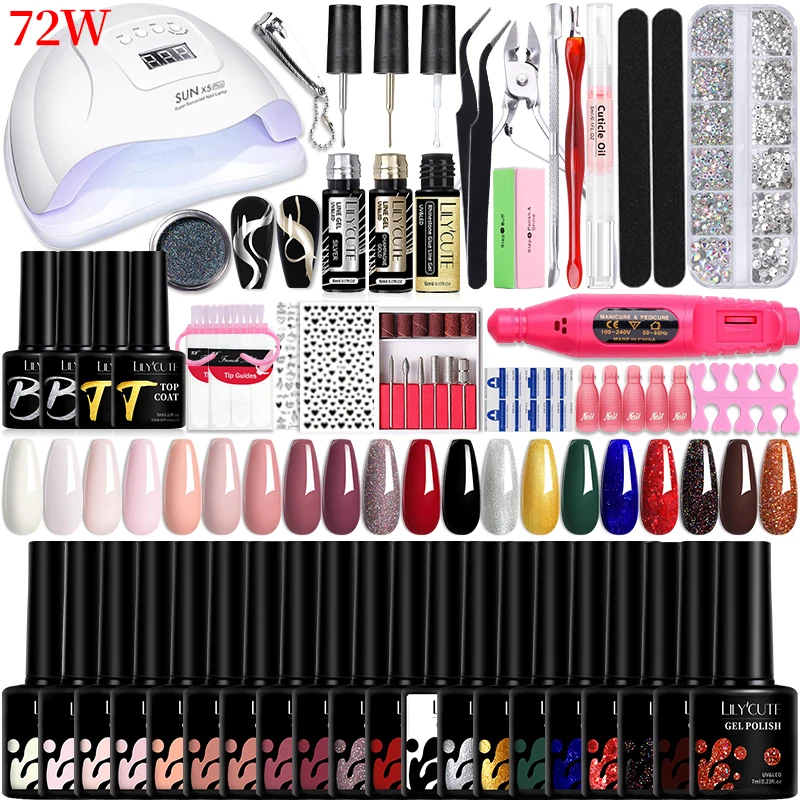 LILYCUTE Nail Set With UV LED Lamp Dryer Manicure Set Semi Permanent Gel Varnish Metallic Liner Gel Professional Nail Art Kits