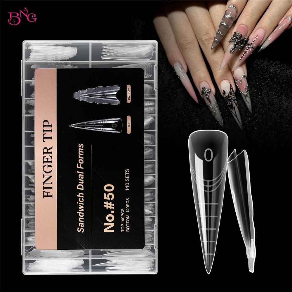 BNG 140/280PCS Sandwich Nails Dual Forms Reusable Nail Forms with Guide Lines 14 Sizes Nail Mold for Nail Extension Salon & Home