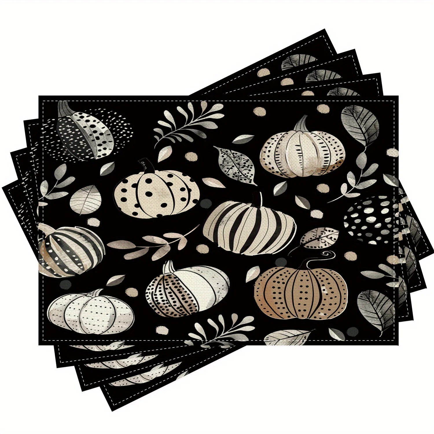 4/6pcs Black Background Pumpkin Leaf Pattern Decorative Autumn Placemats, 11.81*17.72inch, Polyester Rectangular Table Mats for