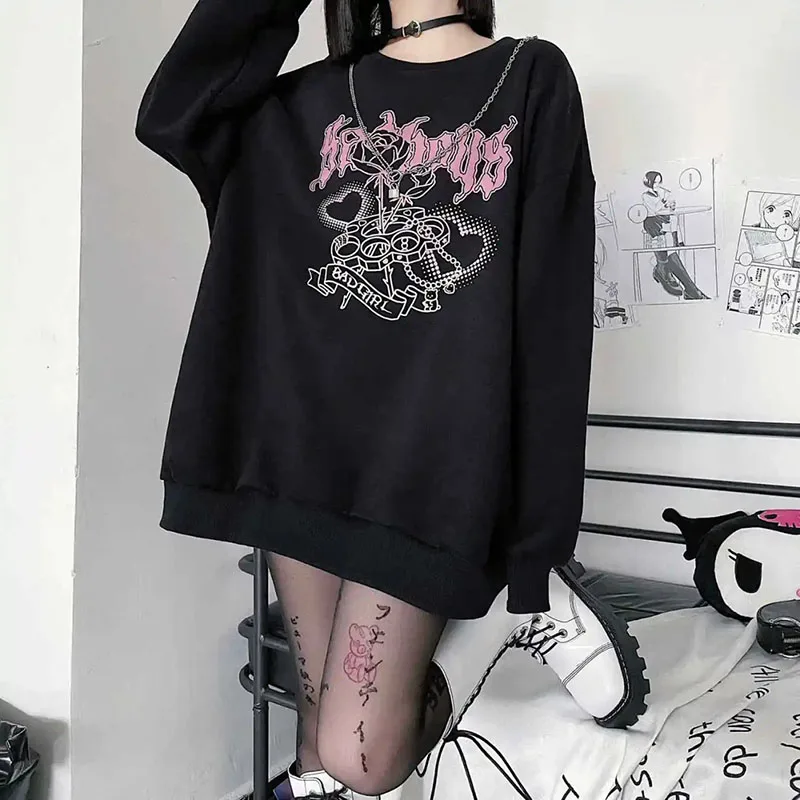 Japanese Sweet  Cool Black And White Sweater Women Plus Velvet Thickening Autumn And Winter New Student Loose Harajuku Style