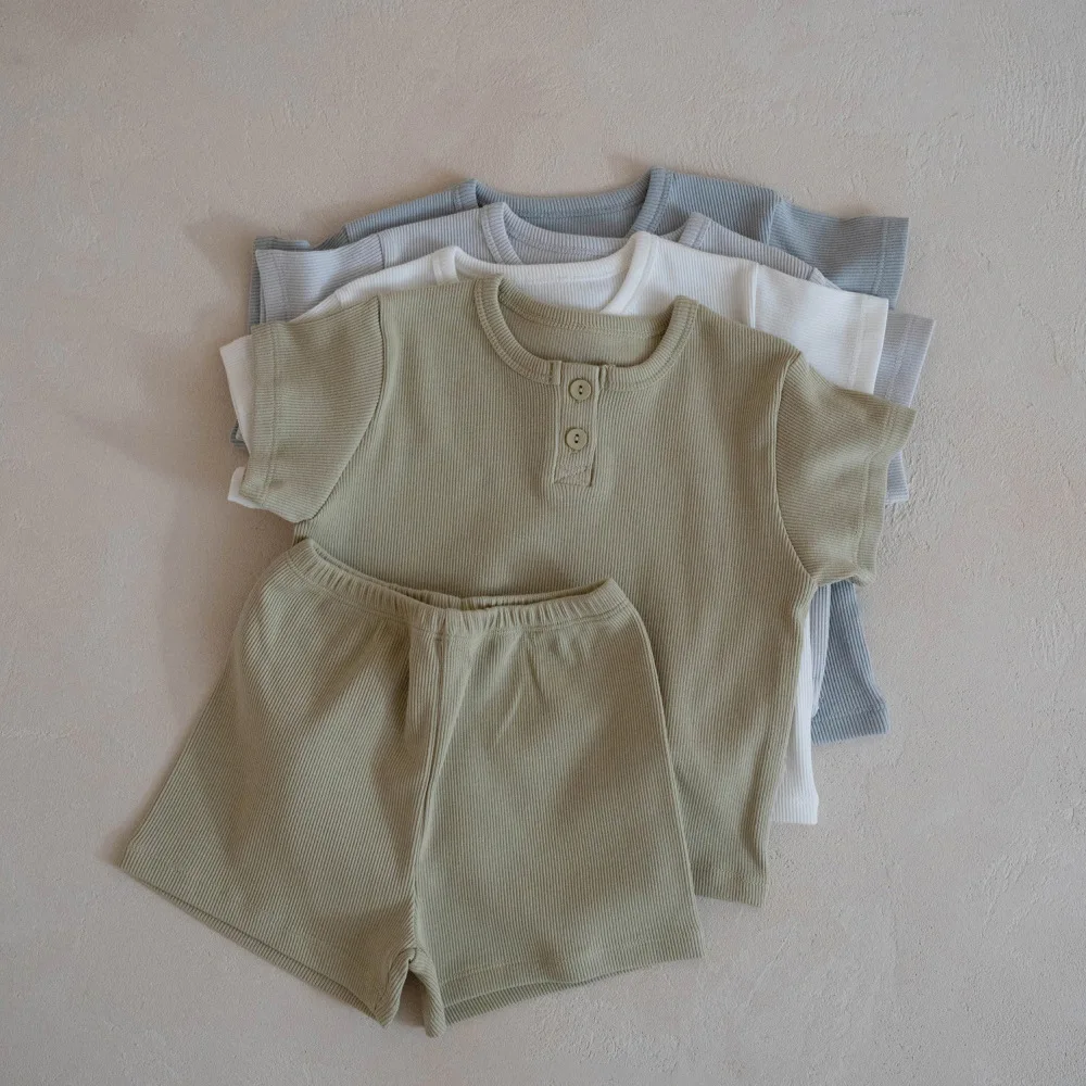 

2026 Summer New Children Short Sleeve Home Clothes Set Boys Cotton T Shirts + Shorts 2pcs Suit Solid Kids Casual Outfits