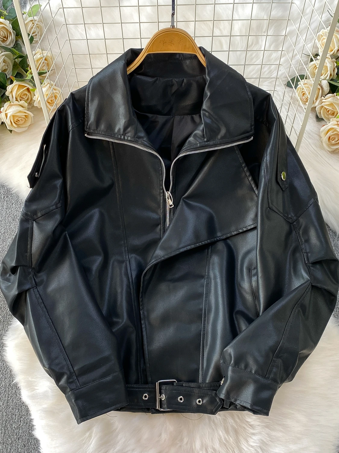 الرجعية Sle المرأة بولي Leather الجلود Jaet فضفاضة تناسب التخسيس Faionable السائق معطف القهوة اللون العصرية العلامة التجارية الخريف ملابس خارجية