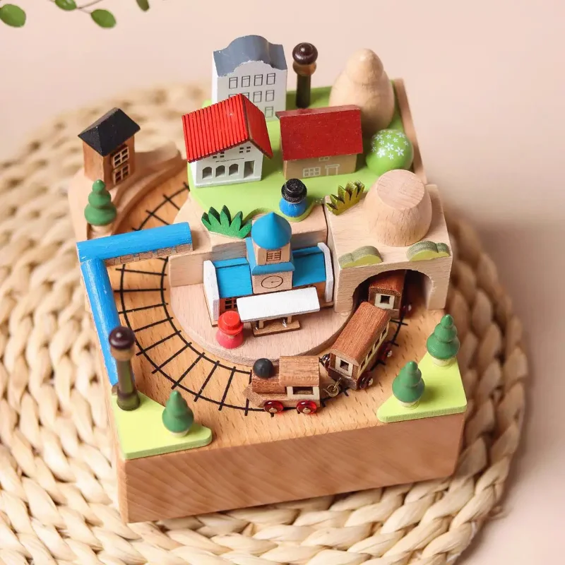 Handmade Wooden Music Box Time Train Eight-Note Box Modern High-End Wood Birthday Gift Boys Girls