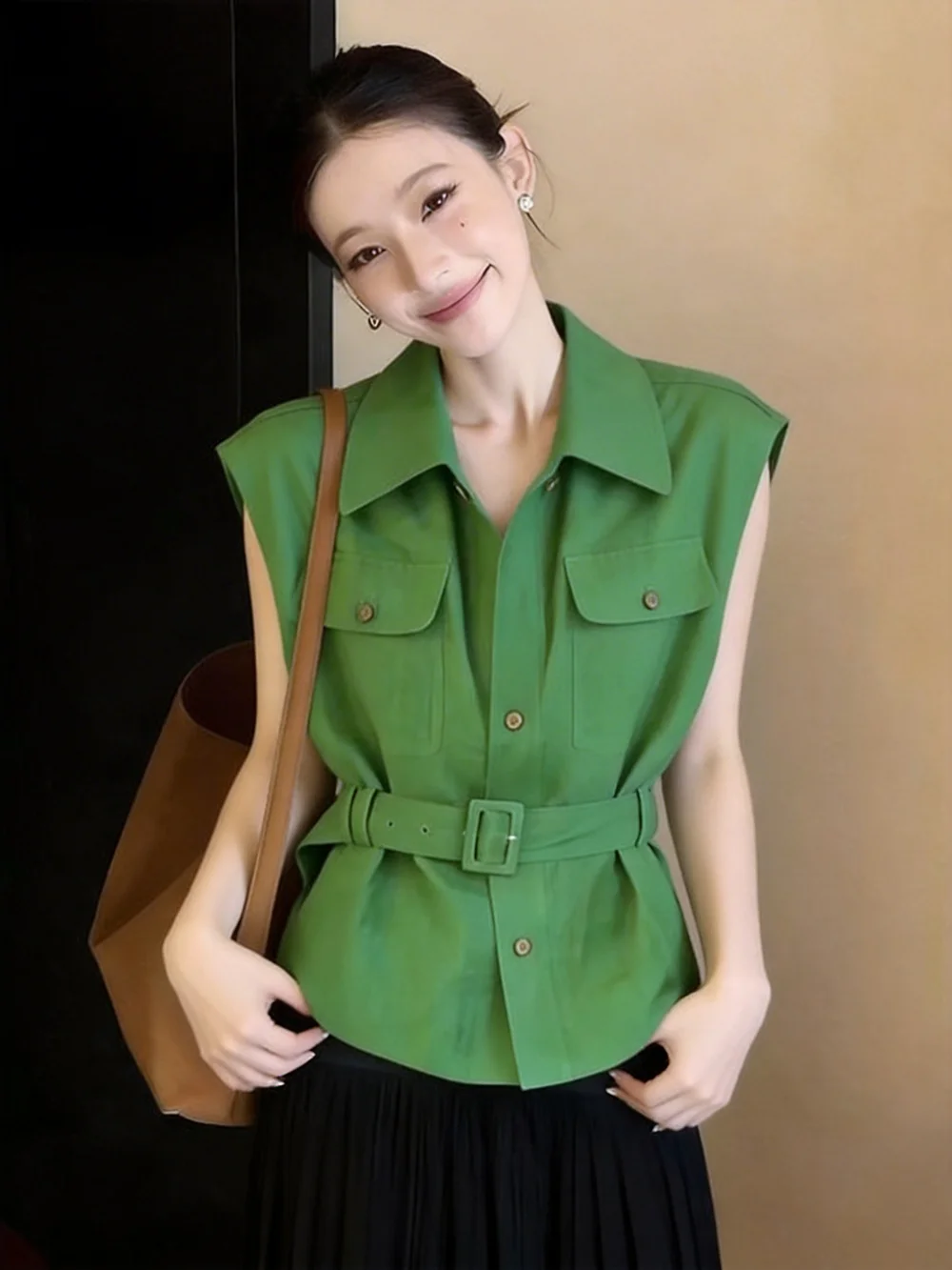 

Unique Beautiful Women's Shirt Summer Casual Loose Fit No Sleeve Neck Green Avocado Color Belted Top High Quality