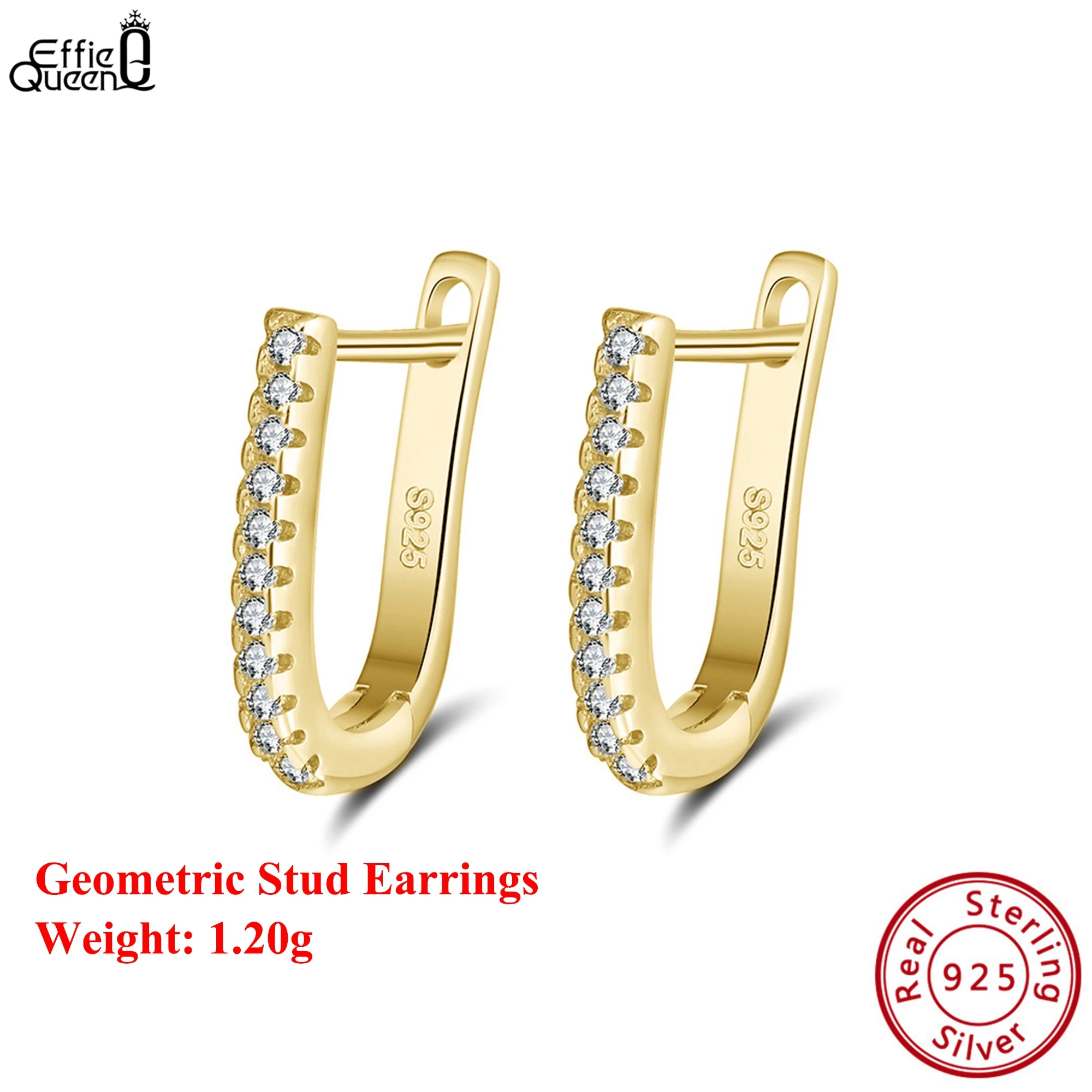 

Effie Queen 100% S925 Silver 14k Gold Geometric Zirconia Hoop Earrings U Shaped Simple Jewelry for Women Banquet Party SE118