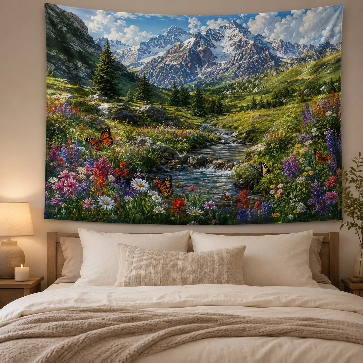 Floral Snow Mountain Tapestry Wildflower River Wall Hanging Boho Room Decor Nature Landscape Garden