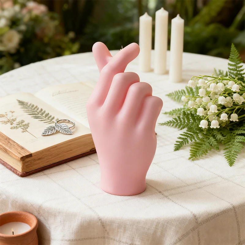 

Valentine's Day Mold Silicone Pink Hand Gesture Finger Cross Aromatherapy Candle Resin Plaster Mould for Romantic Home Decor