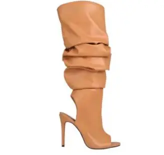 

Новые абрикосовые, черные, фиолетовые, мягкие кожаные сандалии до колена с открытым носком, женские плиссированные высокие сапоги на тонком каблуке