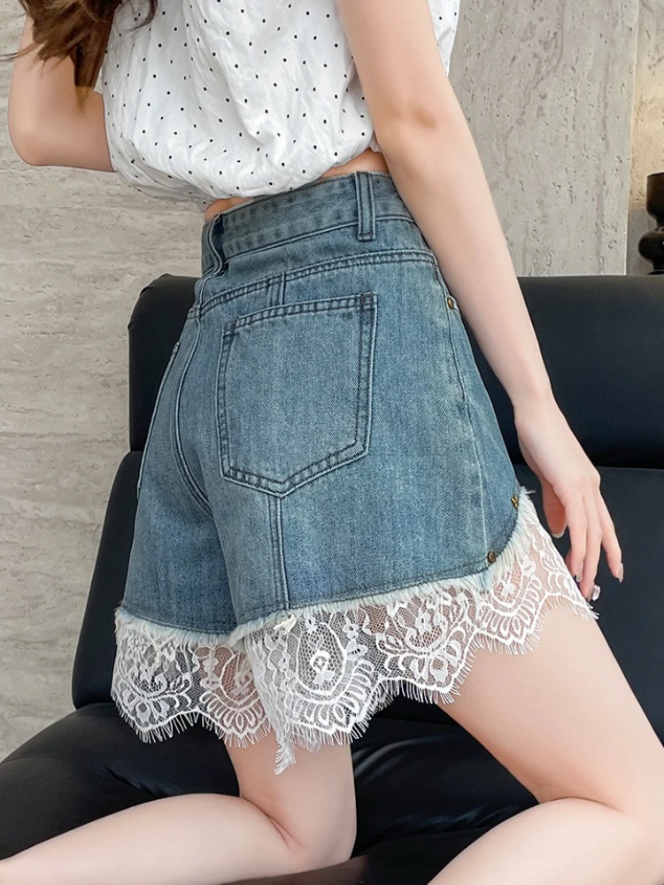 الكورية شيك الحلو الدانتيل تقليم رقيقة الجينز المرأة الصيف موضة عالية الخصر ألف خط شورت جينز الإناث ملابس الشارع الشهير بناطيل مثيرة