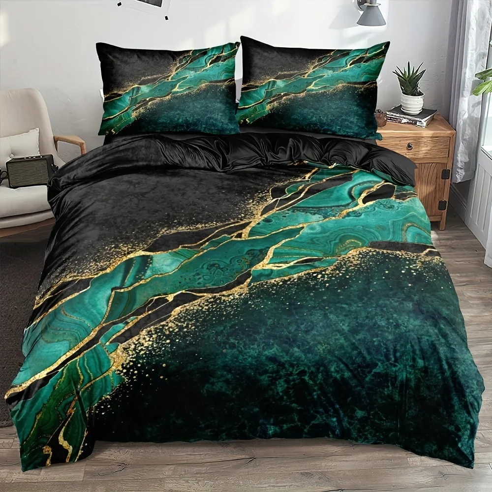 

Abstract Marble Print Duvet Cover Set (1 Duvet Cover + 1/2 Pillowcase ), Soft Golden Marbling Bedding Set For Bedroom Dorm Room