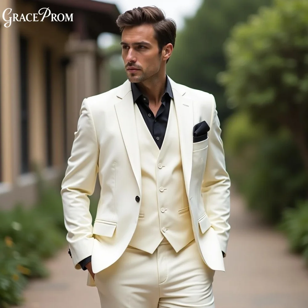 Premium Ivory White 3PCS Mens Tuxedo Notched Groom Suit Vest Pants Set For Wedding Prom Graduation Business Event Customized