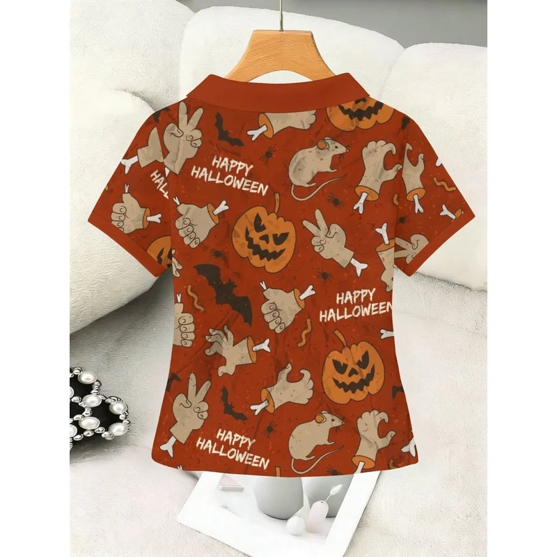 Women's V Neck Short Sleeve Polo Shirt, Vintage Happy Halloween Pumpkin Zombie Hand Print Casual Top