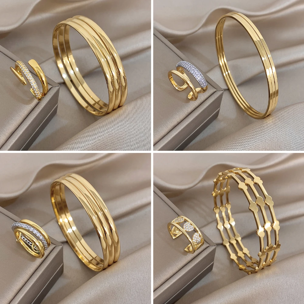 Modisches Ring-Armreif-Set Persönliches Edelstahl-Schmuckset mit Geometrischem Windelinien-Design und Herz aus Kubischem Zirkonia