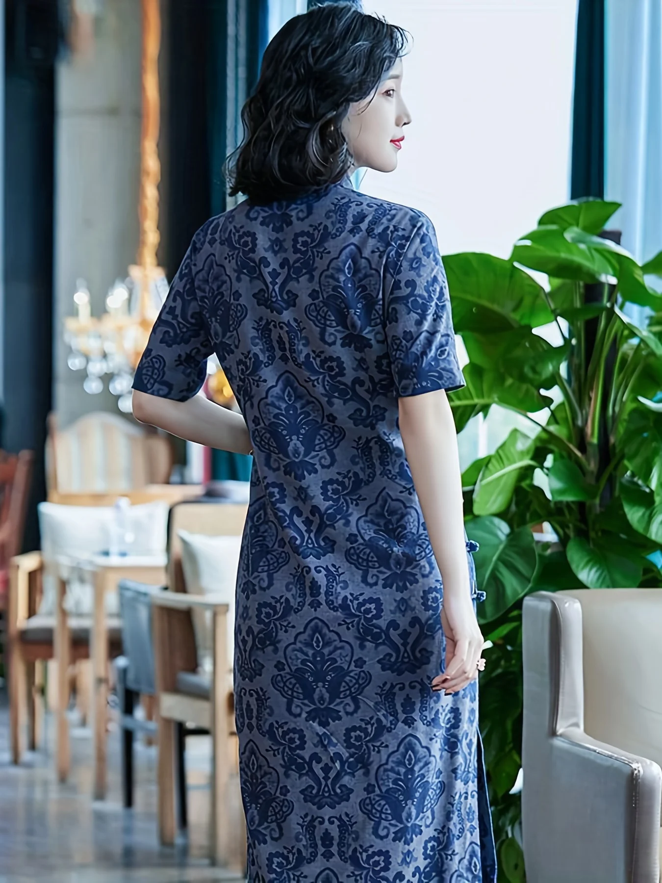 Floral Print Chinese Vintage Cheongsam Bodycon Frog Button Mandarin Collar Split Dress Women's Clothing