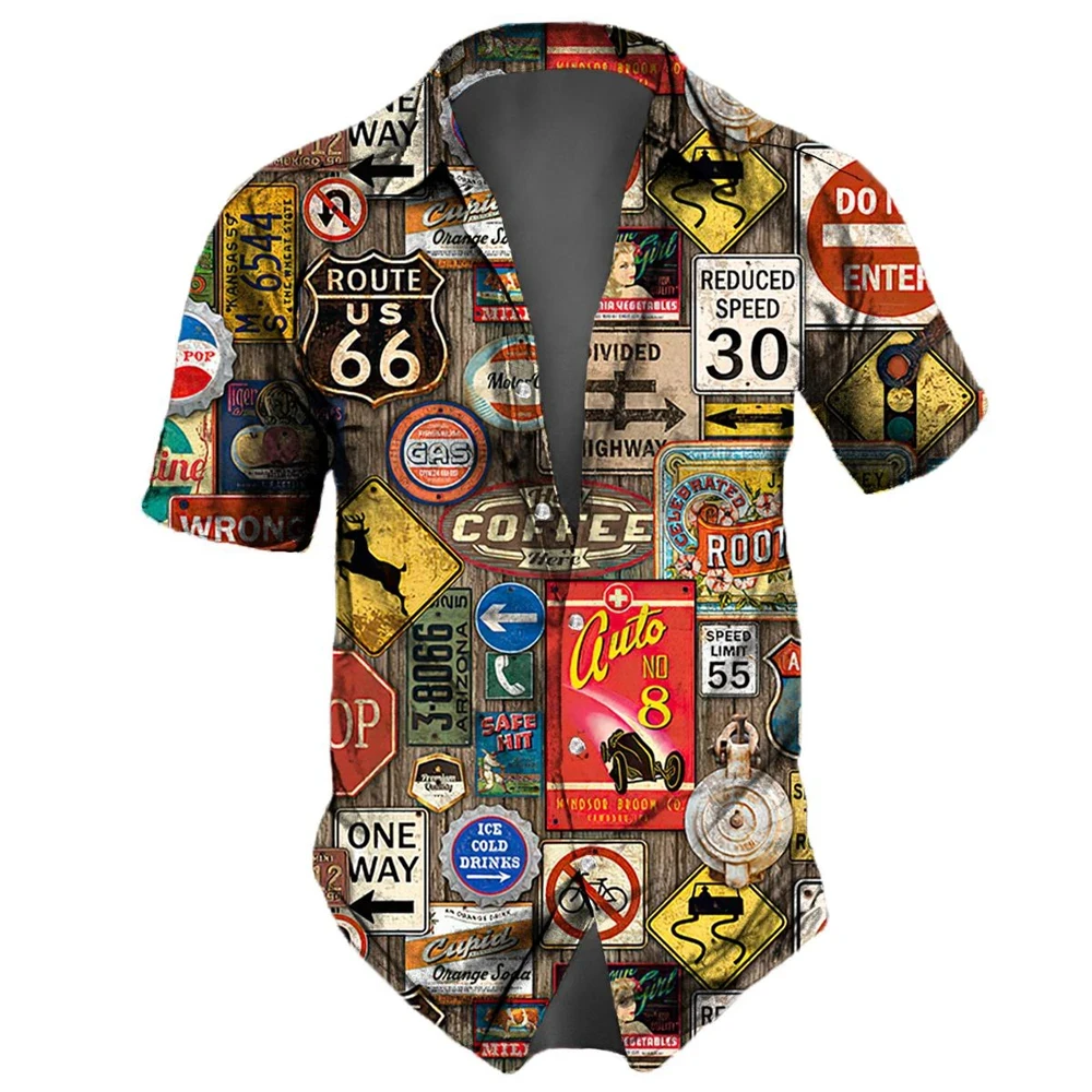 Washed Map Newspaper Style Men Shirts Route 66 Old Fashion Short Sleeve Shirt For Men Lapel Oversize Men's Clothing Cool Tops