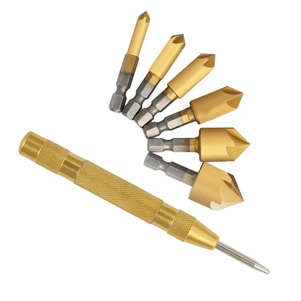 6pcs Countersink Drill Bit With Center Punch Set 1/4 Hex HSS 5 Flute Counter Sink Mill Cutter For Wood Metal Plastic Woodworking