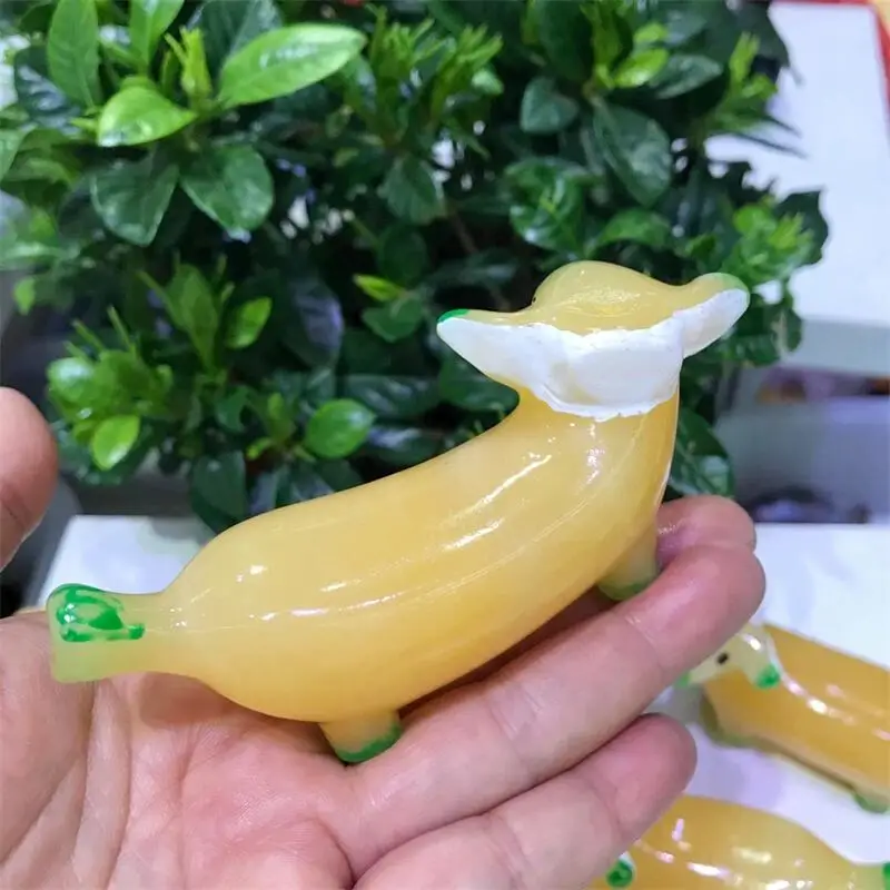 9.8CM Natural Yellow Caclite Banana Dog Polished Carving Cute Animal Fengshui Crystal Healing Healthy Children Gift 1pcs