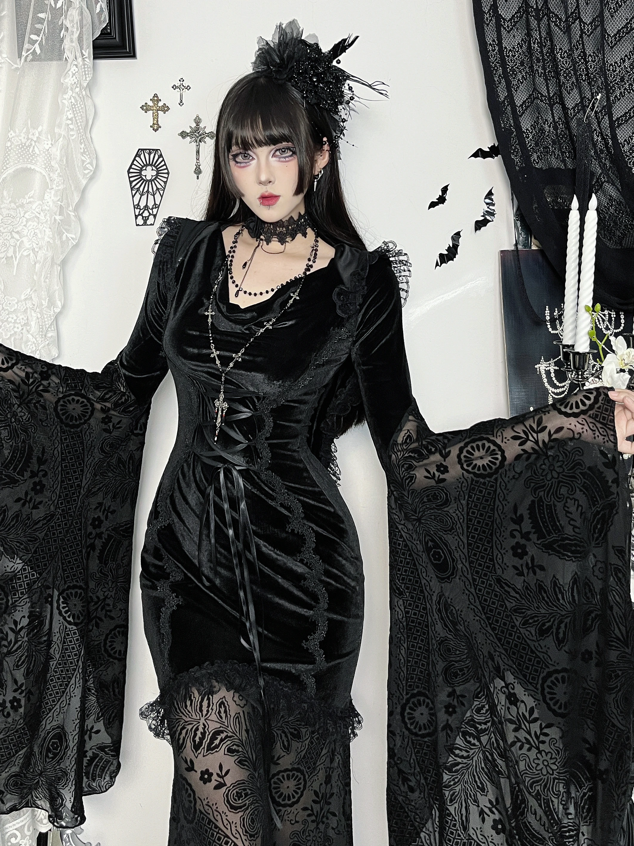 Gothic Sle Halloween K Heksenkostuum Dr Belted Cowl Ne Lange Rok met Puffy Sves Dames Faion Polyestervezel
