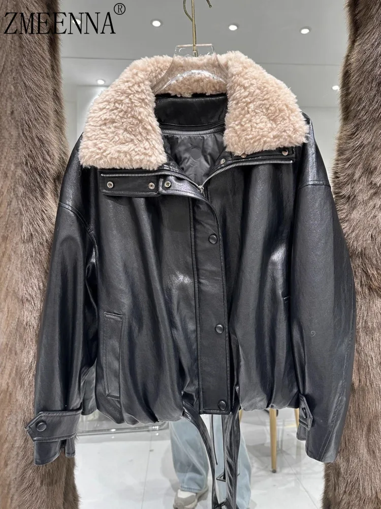 

ZMEENNA женская черная куртка из искусственной кожи Тедди с флисовым воротником, укороченное пальто-бомбер на пуговицах на молнии, теплая верхняя одежда большого размера ZM4591
