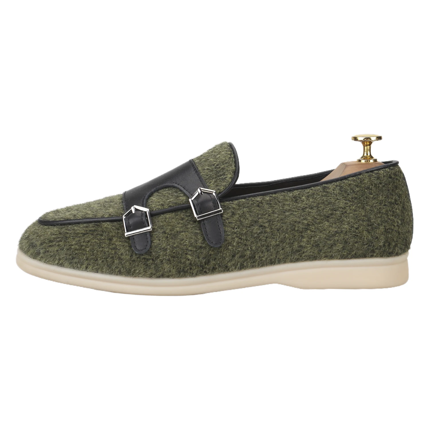 Piergitar Autumn/Winter Style Italy Imported Green Wool Slip-On Men's Walk Flats Classic Model Handcrafted Double-Monk Shoes