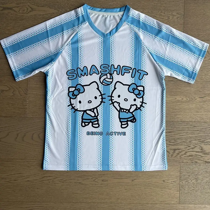 

Новинка 2025 года, полосатая и цветная волейбольная форма Hellokitty, топ с короткими рукавами, дышащая и быстросохнущая баскетбольная форма
