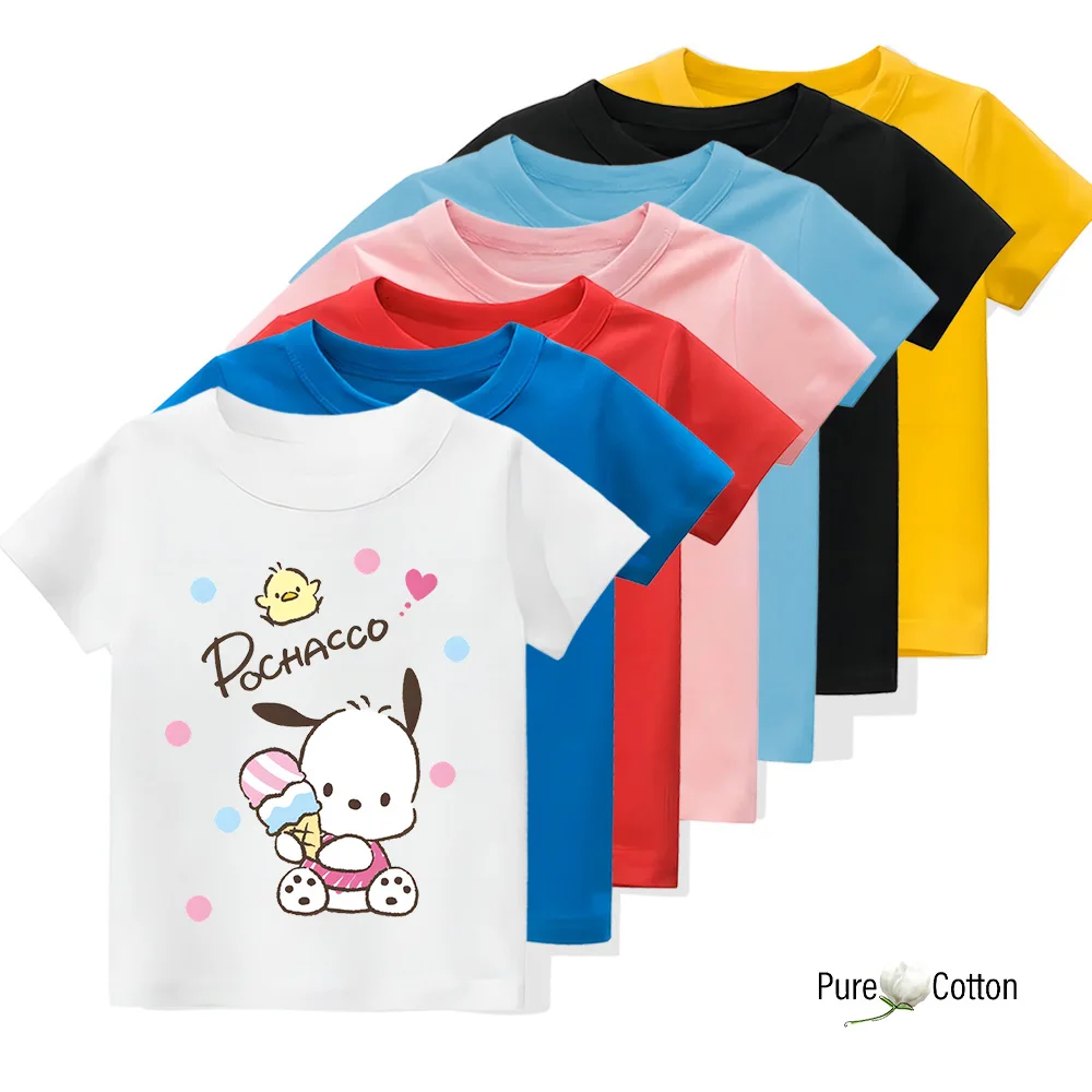 Printed Pochacco Children's T-shirt Casual Loose Tees Boys Short Sleeves Sanrio Cute Style Girls' Clothing High Quality Brand