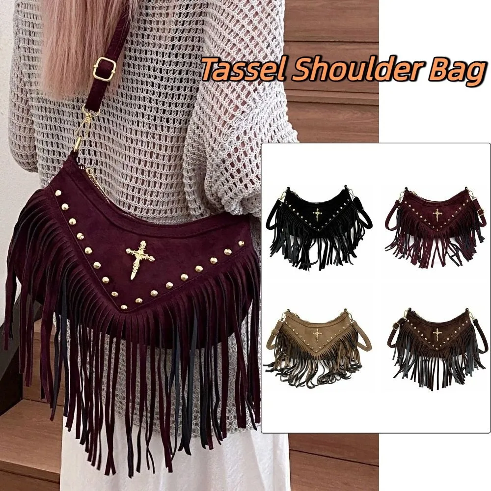 

Sweet Korean Style Tassel Shoulder Bag Rivet PU Leather Suede Crossbody Bag Vintage Bohemian Style Ethnic Style Handbag Outdoor
